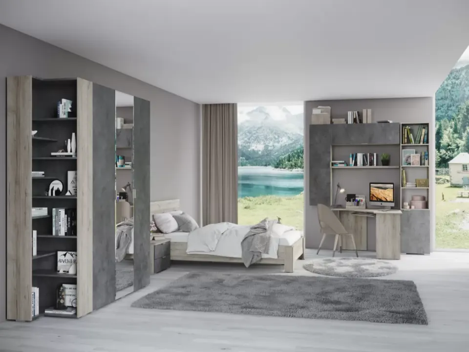 Yurt Odası Takımı – Meşe ve Beton Gri, Köşe Kitaplıklı Dolap