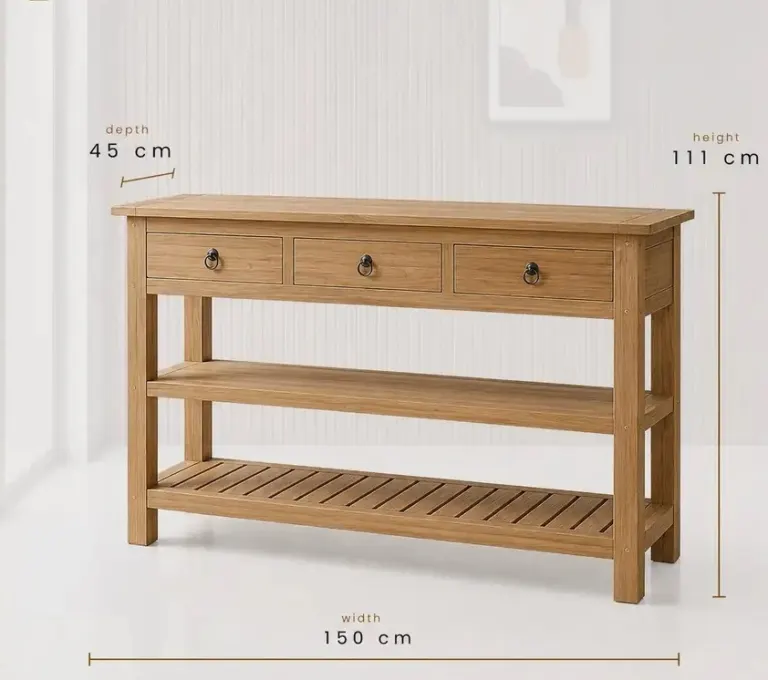 Üç Çekmeceli Ahşap Konsol – İki Alt Raflı, 150 cm Genişlik